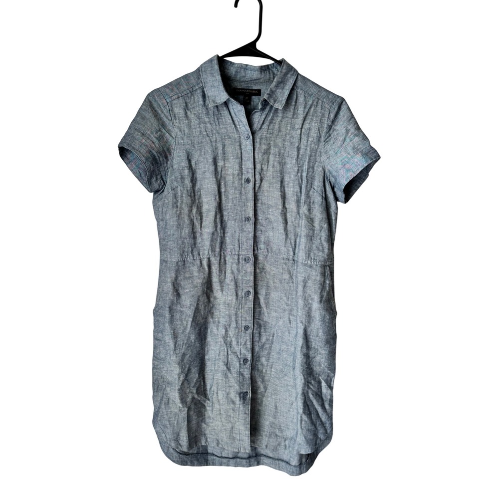Banana Republic Blue Linen Blend Button Front Shirt Dress Pockets 2P Womens